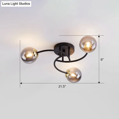 Modern Swirled Metal Semi Flush Ceiling Light With Glass Ball Shade