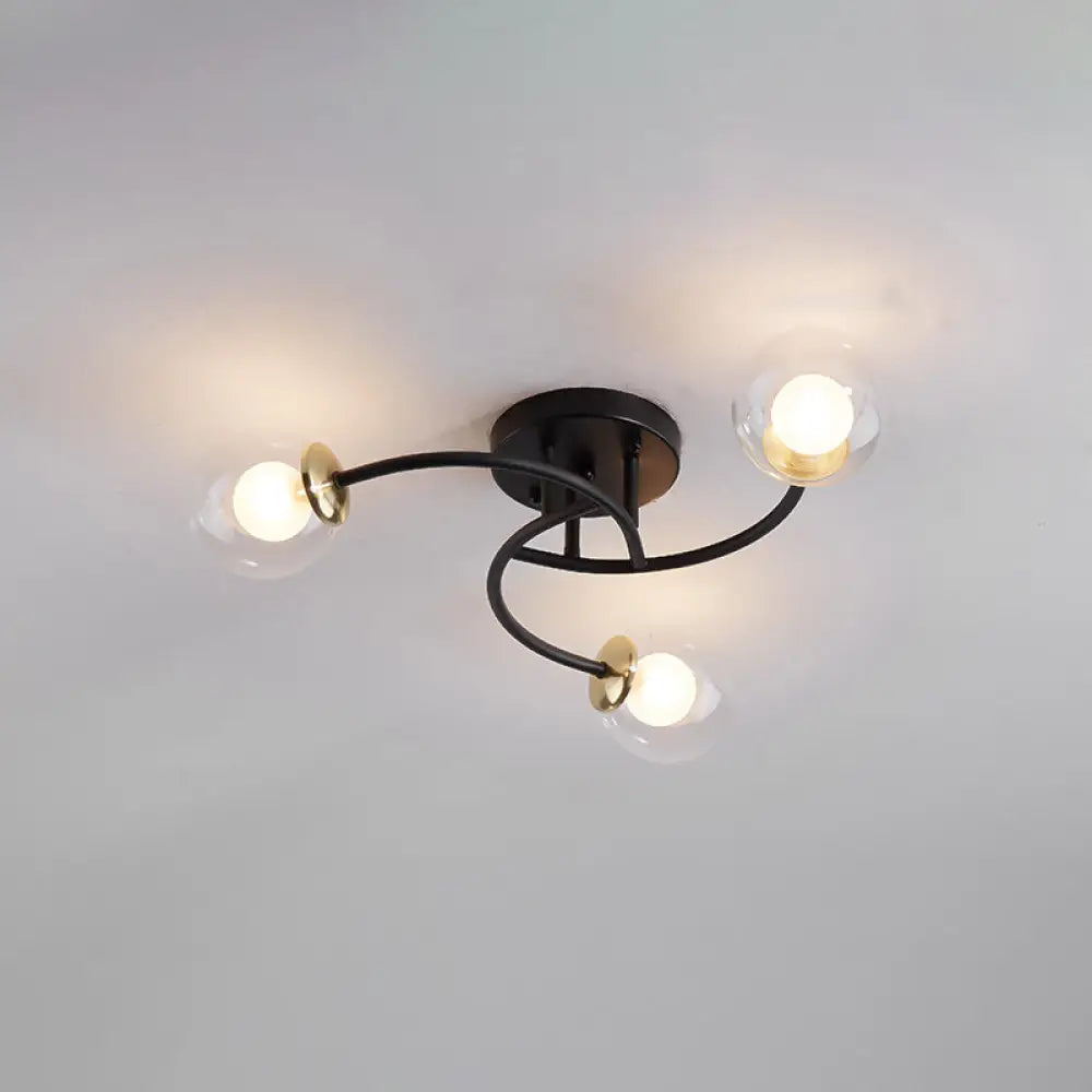 Modern Swirled Metal Semi Flush Ceiling Light With Glass Ball Shade 3 / Black Clear