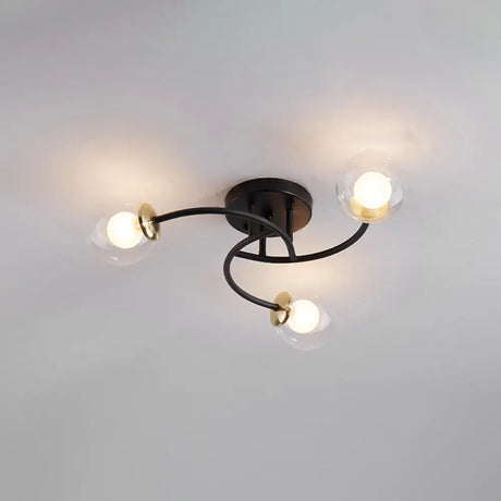 Modern Swirled Metal Semi Flush Ceiling Light With Glass Ball Shade 3 / Black Clear