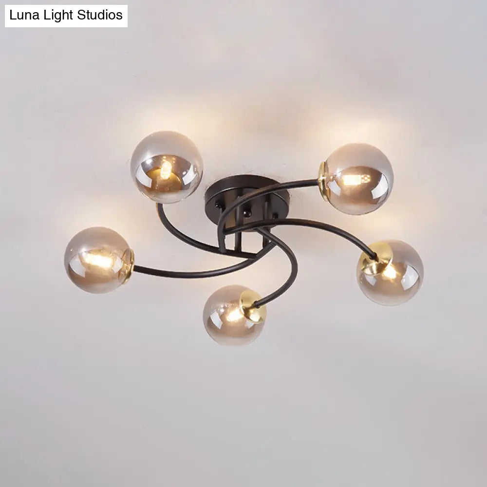 Modern Swirled Metal Semi Flush Ceiling Light With Glass Ball Shade 5 / Black Smoke Grey