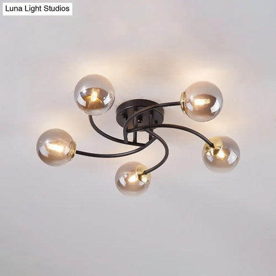 Modern Swirled Metal Semi Flush Ceiling Light With Glass Ball Shade 5 / Black Smoke Grey