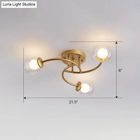 Modern Swirled Metal Semi Flush Ceiling Light With Glass Ball Shade
