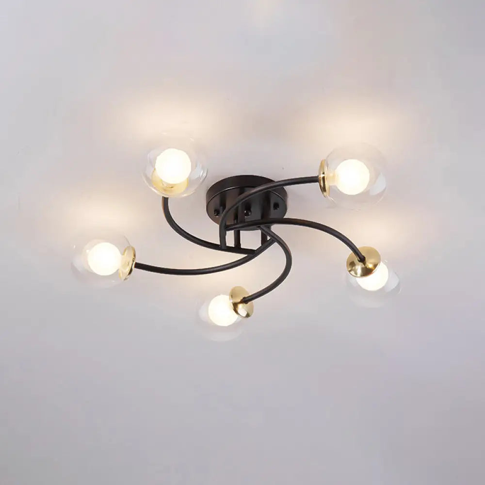 Modern Swirled Metal Semi Flush Ceiling Light With Glass Ball Shade 5 / Black Clear