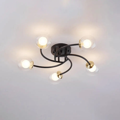 Modern Swirled Metal Semi Flush Ceiling Light With Glass Ball Shade 5 / Black Clear