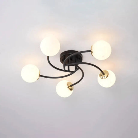 Modern Swirled Metal Semi Flush Ceiling Light With Glass Ball Shade 5 / Black Milk White