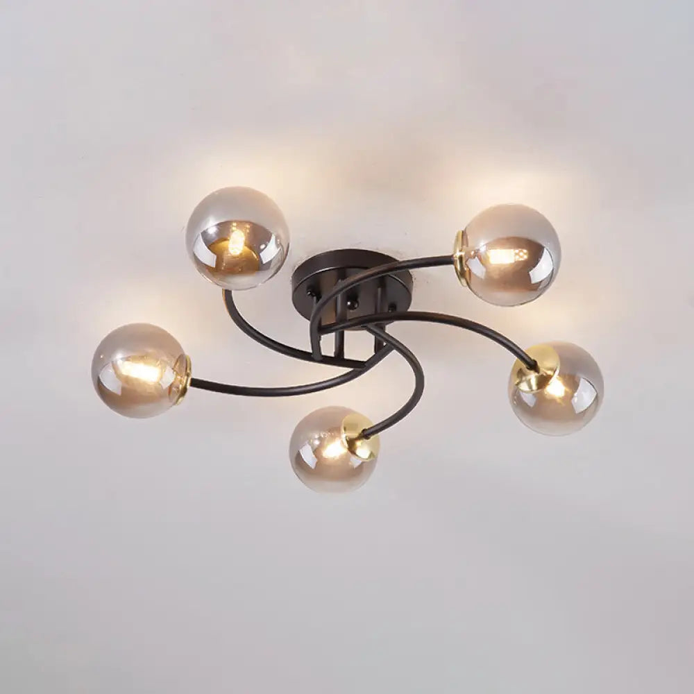 Modern Swirled Metal Semi Flush Ceiling Light With Glass Ball Shade 5 / Black Smoke Grey