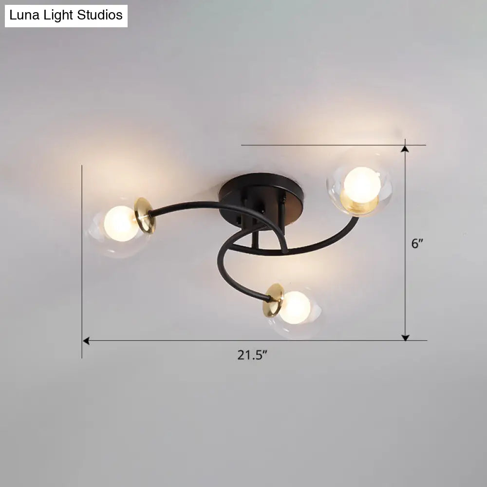 Modern Swirled Metal Semi Flush Ceiling Light With Glass Ball Shade