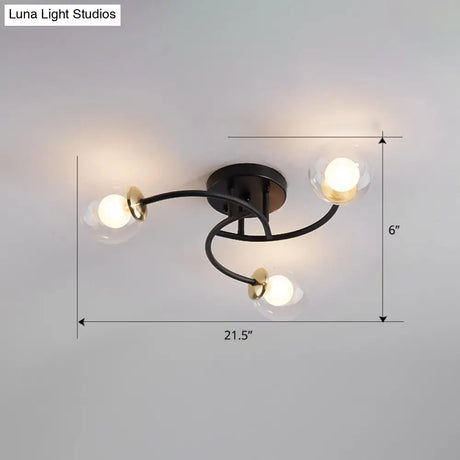 Modern Swirled Metal Semi Flush Ceiling Light With Glass Ball Shade