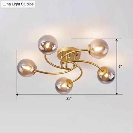 Modern Swirled Metal Semi Flush Ceiling Light With Glass Ball Shade