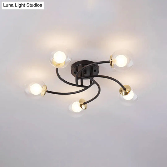 Modern Swirled Metal Semi Flush Ceiling Light With Glass Ball Shade 5 / Black Clear