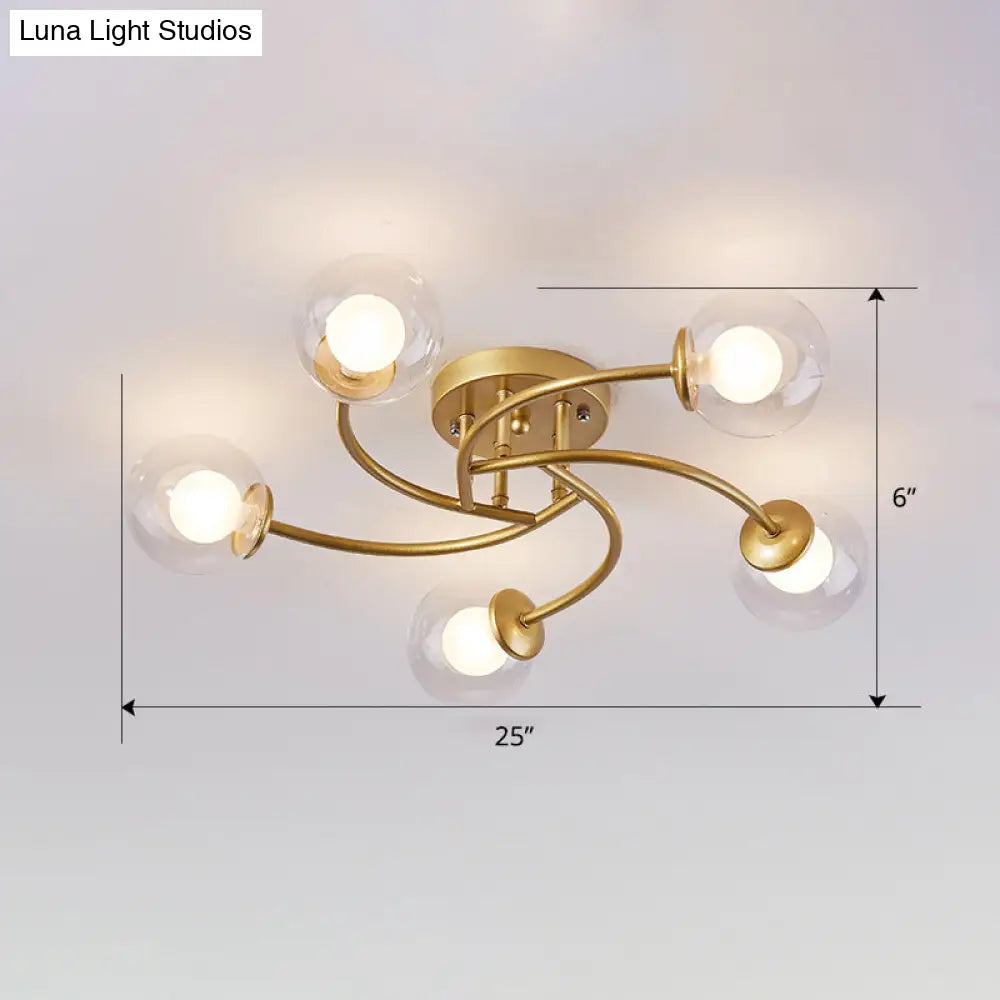 Modern Swirled Metal Semi Flush Ceiling Light With Glass Ball Shade