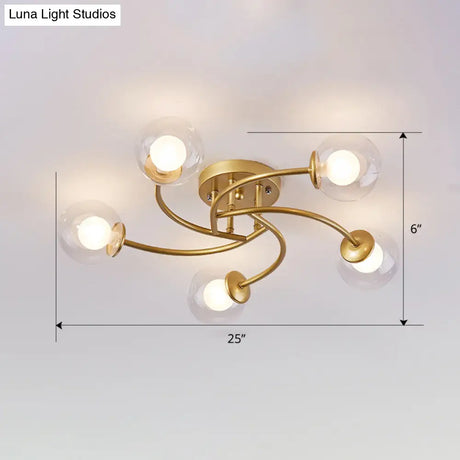 Modern Swirled Metal Semi Flush Ceiling Light With Glass Ball Shade