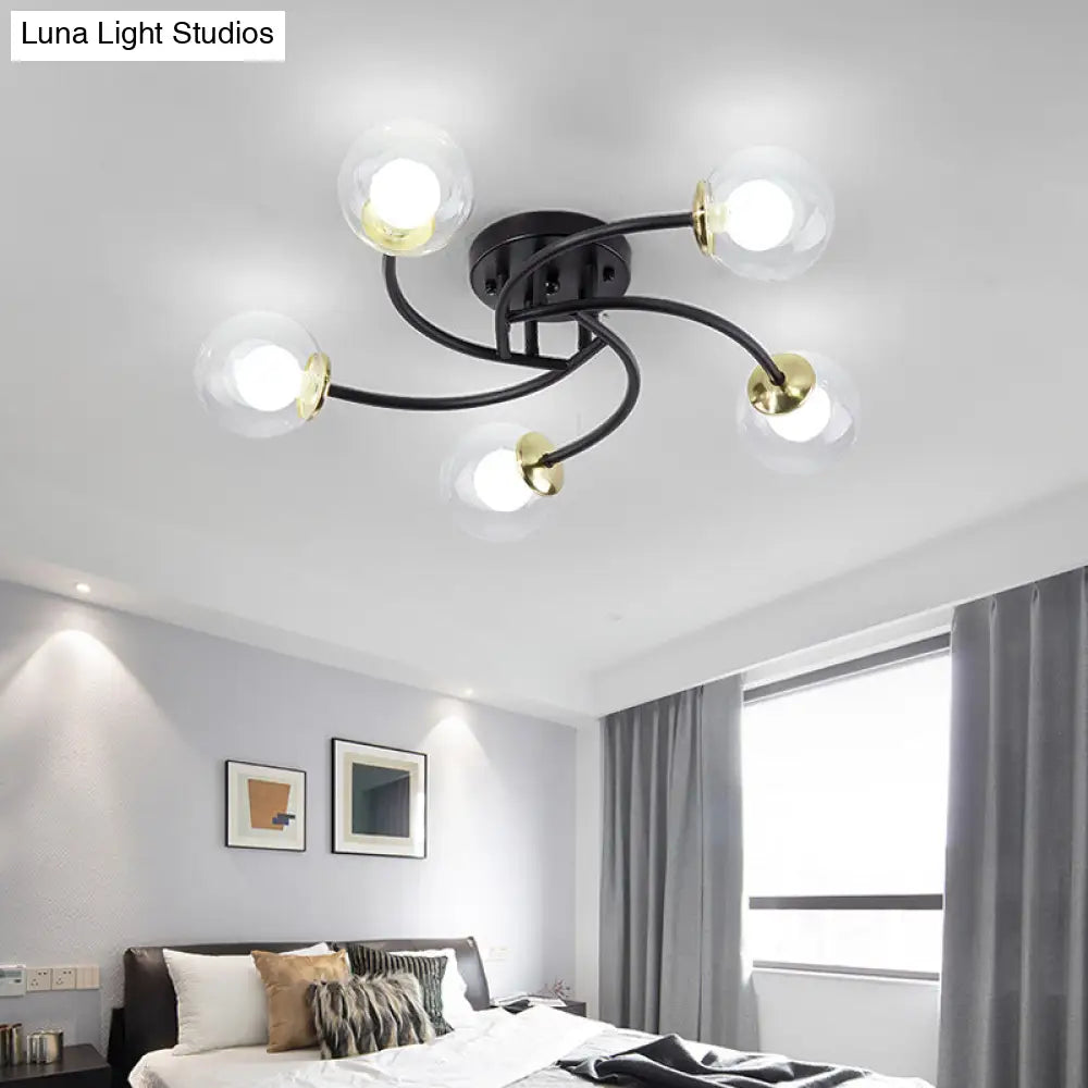 Modern Swirled Metal Semi Flush Ceiling Light With Glass Ball Shade