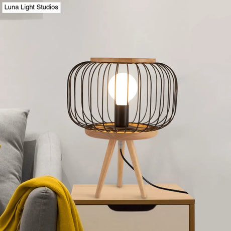 Modern Table Lamp - Drum Cage Iron Light With Wood Tripod Base White/Black Finish