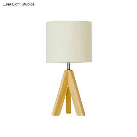Modern Table Lamp: White Fabric Cylinder Light With Wood Tripod Base