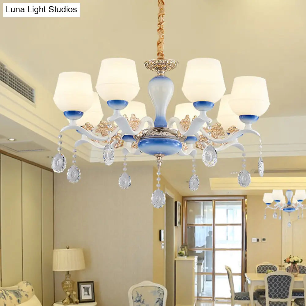 Modern Tapered Pendant Chandelier With 8 Bulbs Ivory Glass Crystal Suspension Light In Blue & White