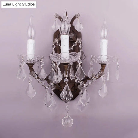 Modern Teardrop Crystal Candelabra Sconce Light - White Wall Mount With Rust Backplate (3 Lights)