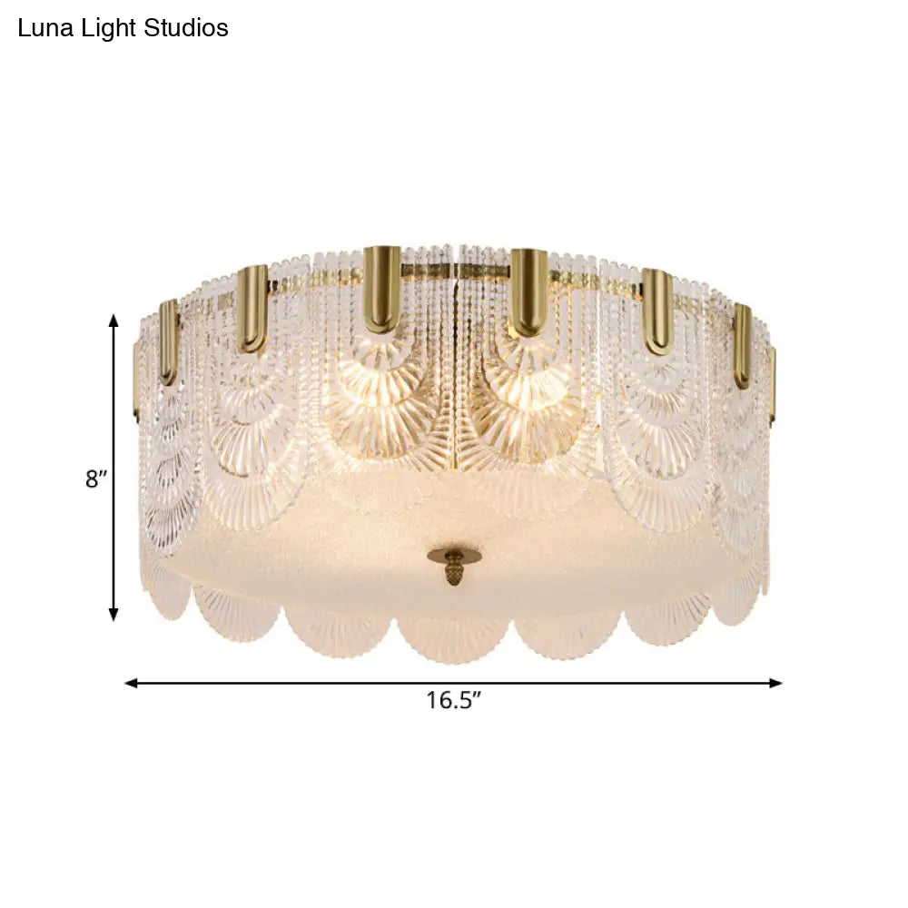 Modern Textured Glass Scalloped Ceiling Lamp With 6 Bulbs Brass Finish - Flush Mount Recessed