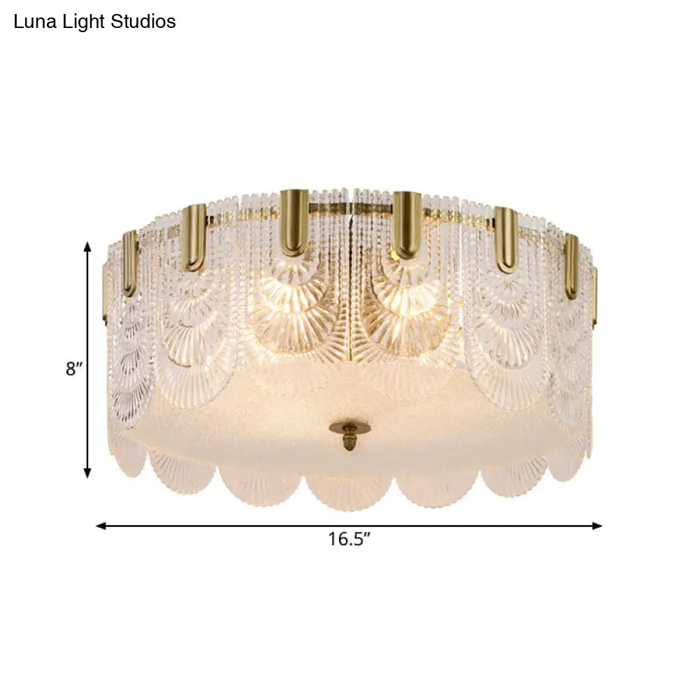 Modern Textured Glass Scalloped Ceiling Lamp With 6 Bulbs Brass Finish - Flush Mount Recessed