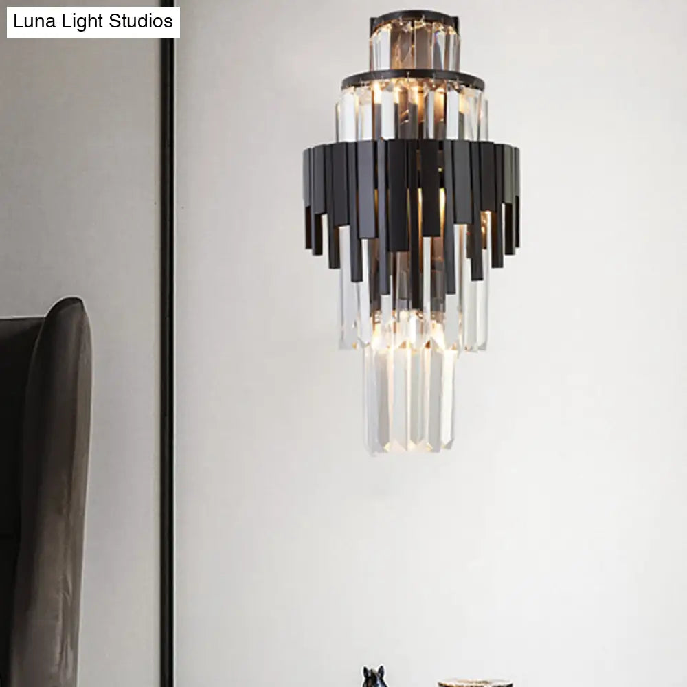 Modern Tiered Sconce Wall Lamp With Clear Crystal And Metal 3 Heads 14/19.5 Height