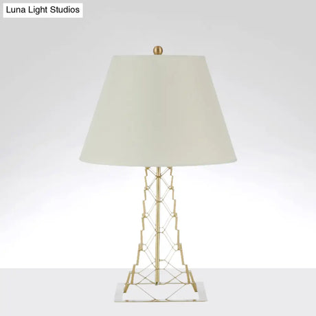Modern Tower-Like Frame Gold Finish Night Lamp With White Fabric Shade - 1-Bulb Metal Table Lighting