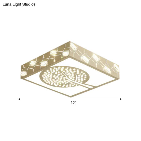 Modern Tree Metal Led Ceiling Light For Foyer - White Square Etched Flush Mount Fixture