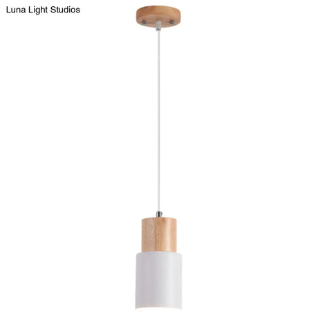 Modern Tubular Pendant Spotlight: Metal 1-Light Bedside Hanging Lamp With Wooden Top