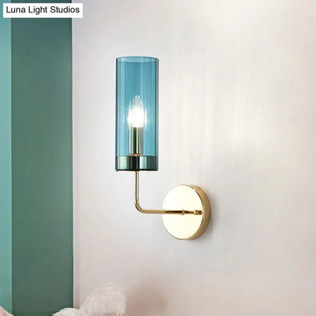 Modern Tubular Sconce: Cognac/Light Blue Glass Wall Mounted Light Fixture