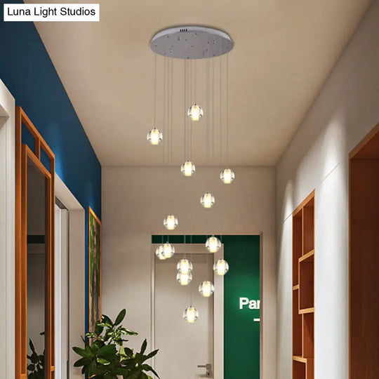 Modern White Crystal Cluster Pendant Light: 14-Bulb Meteor Shower Stair Hanging Lamp