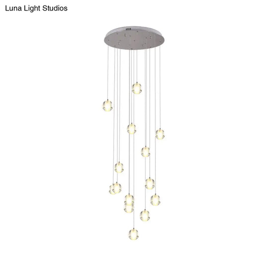 Modern White Crystal Cluster Pendant Light: 14-Bulb Meteor Shower Stair Hanging Lamp