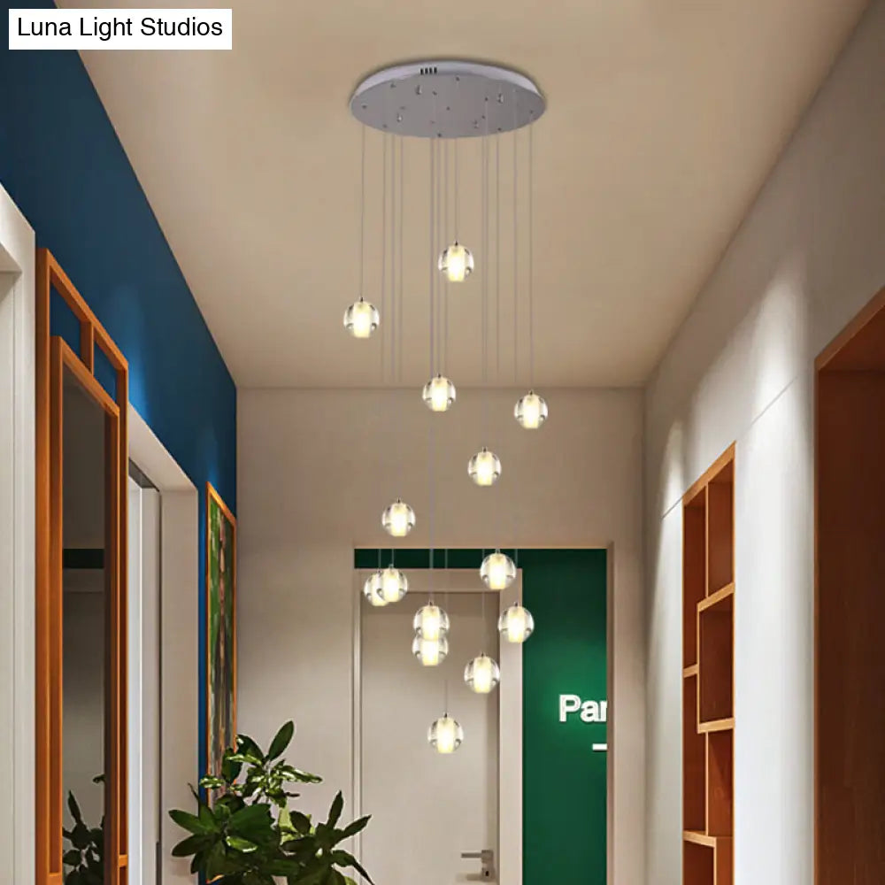 Modern White Crystal Cluster Pendant Light With 14 Bulbs - Meteor Shower Stair Hanging Lamp