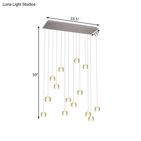Modern White Crystal Cluster Pendant Light With 14 Bulbs - Meteor Shower Stair Hanging Lamp