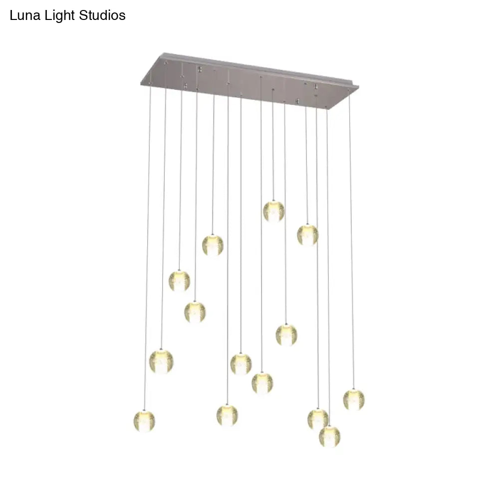 Modern White Crystal Cluster Pendant Light: 14-Bulb Meteor Shower Stair Hanging Lamp / Linear