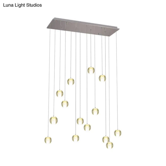 Modern White Crystal Cluster Pendant Light: 14-Bulb Meteor Shower Stair Hanging Lamp / Linear