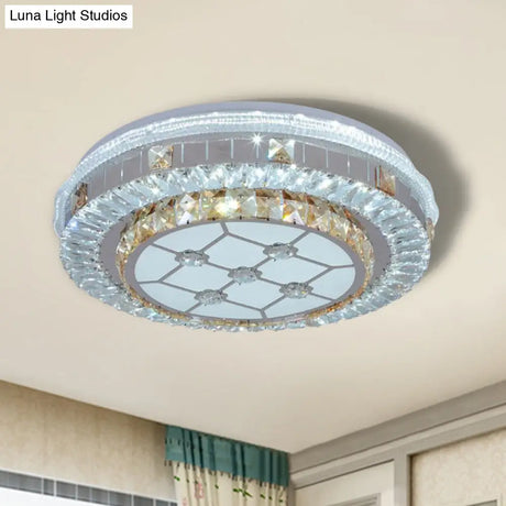 Modern White Crystal Flush Mount Ceiling Light With Led And Trellis/Flower Cut Design