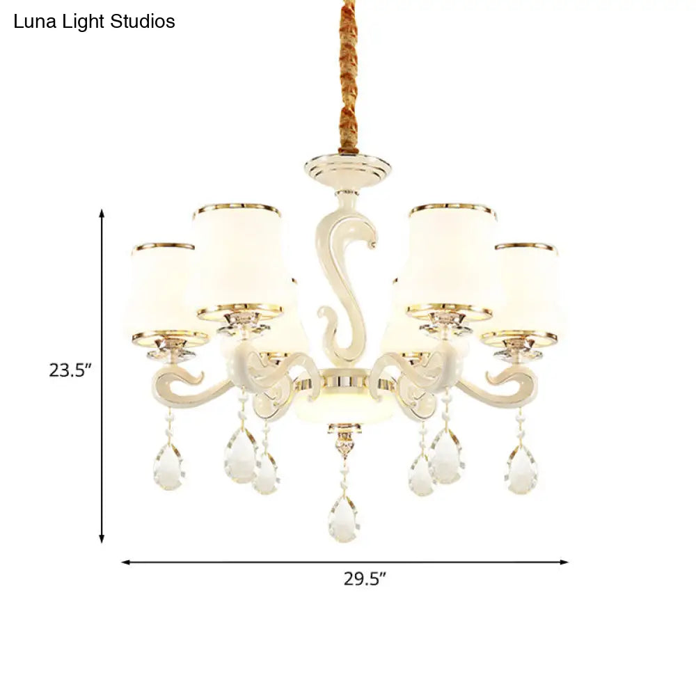 6-Bulb Opal Glass Hanging Lamp - Modern White Curved Shape Chandelier Light For Bedrooms