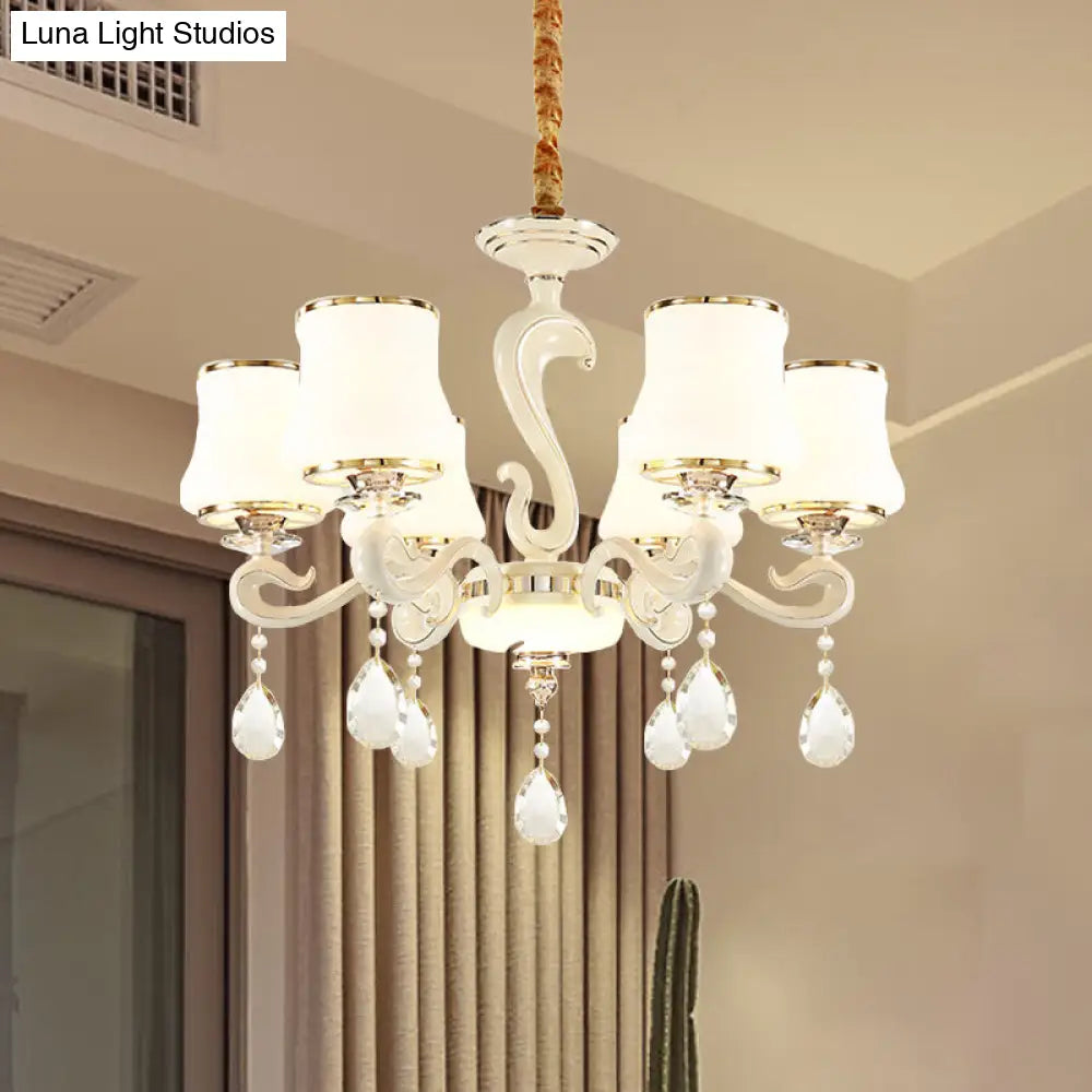6-Bulb Opal Glass Hanging Lamp - Modern White Curved Shape Chandelier Light For Bedrooms