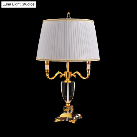 Modern White Desk Lamp With Fabric Drum Shade And Crystal Pedestal