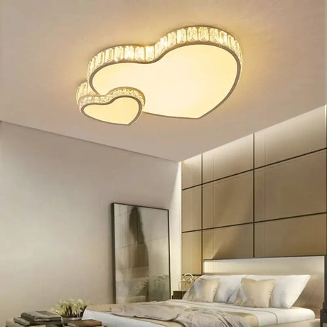 Modern White Double Heart Led Flushmount Light With Clear Crystal Deco – Stylish Acrylic Ceiling