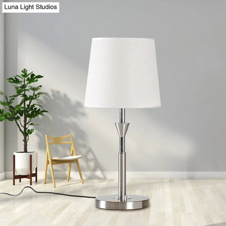 Modern White Fabric Barrel Desk Light With Metal Base - 1 Bulb Night Table Lamp