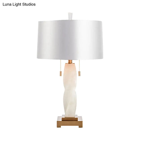 Modern White Fabric Night Table Lamp With Pull Chain - 2 Heads Cylindrical Desk Light
