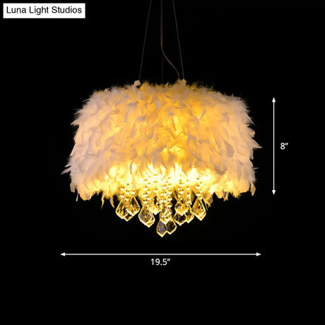 Modern White Feather Drum Pendant Chandelier With Crystal Drop - 5/6/9 Lights 16/19.5/27.5 Wide