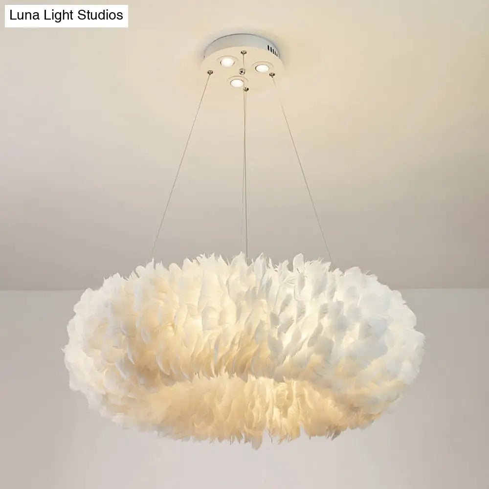 Modern White Feather Pendant Light For Bedroom With Suspension Design / 20 Circle