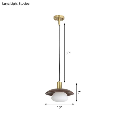 Modern White Glass Ball/Bun Suspension Lamp With Wood Saucer Top In Brown - 1-Light Down Lighting