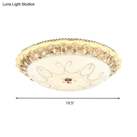 Modern White Glass Bowl Ceiling Lamp With Led Lighting And K9 Crystal Accent - 12’/16’/19.5’ Wide