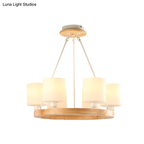Modern White Glass Cylinder Chandelier Light With Wood Hanging Pendant And Ring Design - 4/6/8-Light