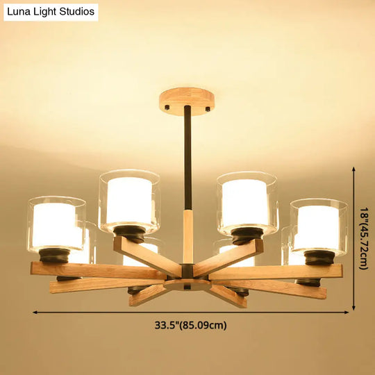 Modern White Glass Cylinder Chandelier - Stylish Suspension Light For Living Room Wooden Stand