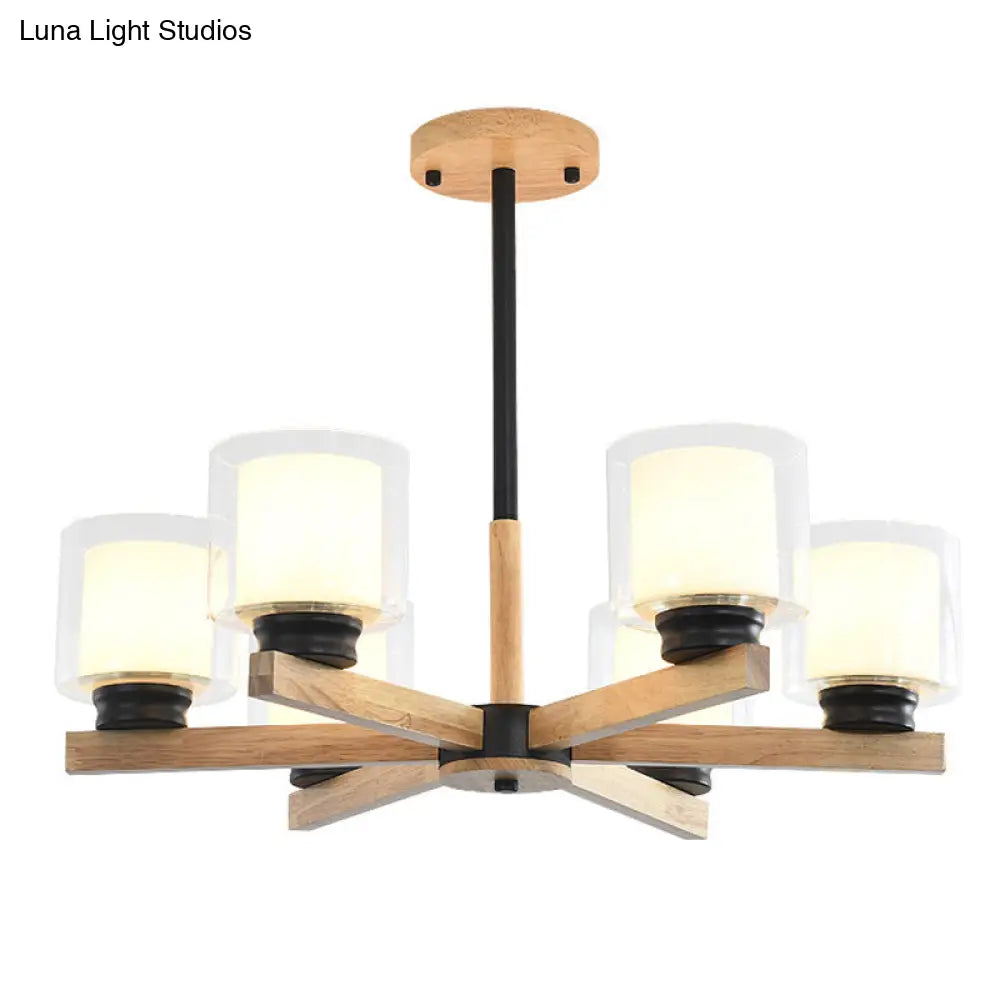 Modern White Glass Cylinder Chandelier - Stylish Suspension Light For Living Room Wooden Stand