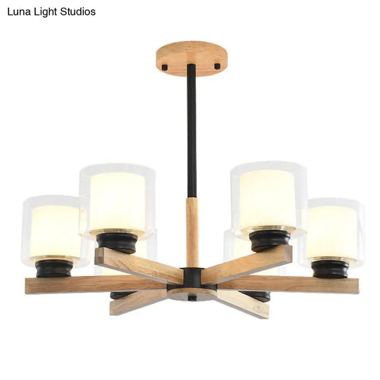 Modern White Glass Cylinder Chandelier - Stylish Suspension Light For Living Room Wooden Stand