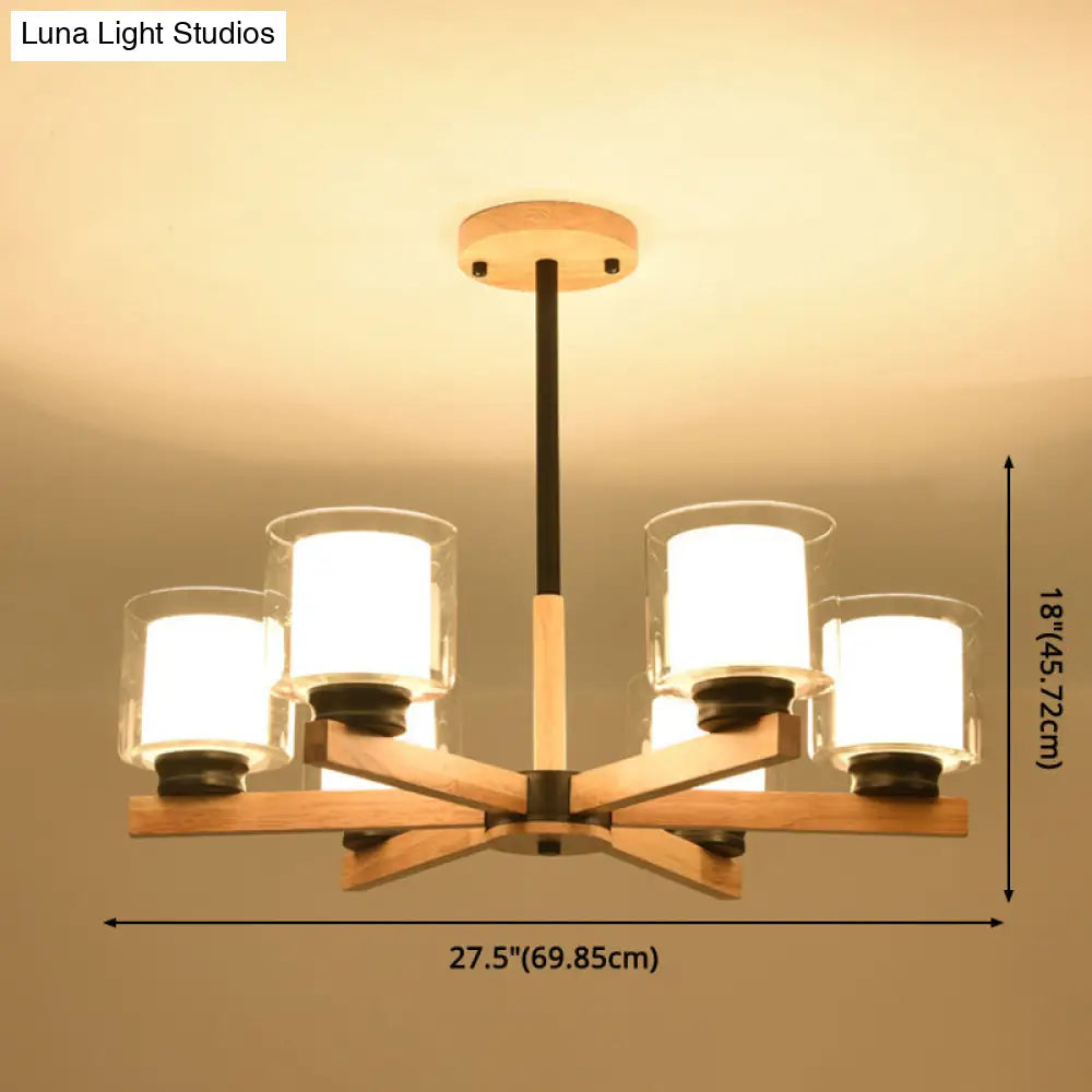 Modern White Glass Cylinder Chandelier - Stylish Suspension Light For Living Room Wooden Stand